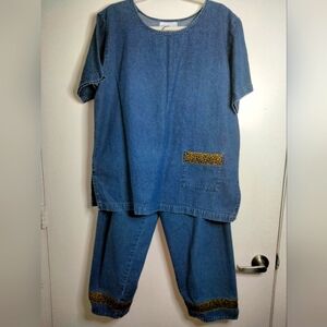 Designs Limited (Size L) Blue Denim & Animal Print Accent (2PC) Matching Set